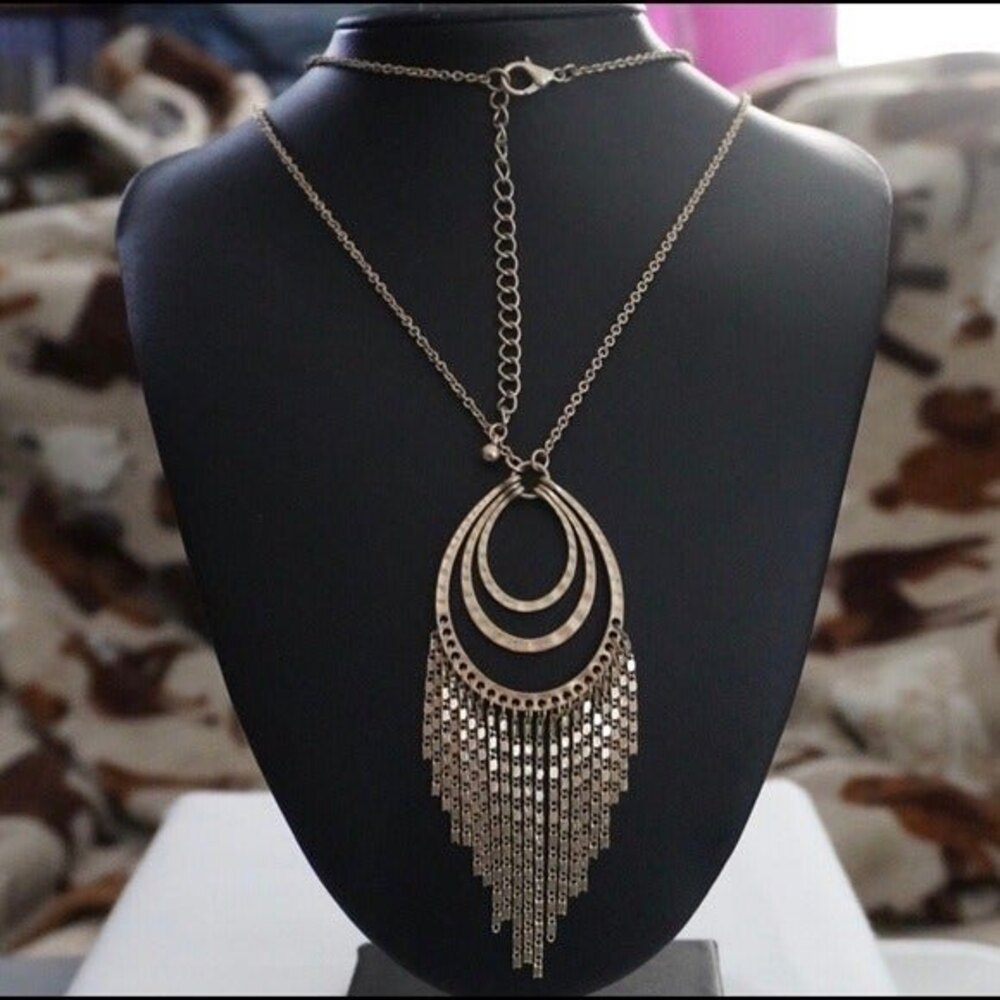Stamped Layered Teardrop Pendant Necklace with Dangle Chains